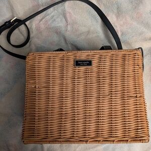 Kate Spade Tan Wicker Crossbody Bag with Navy Blue Strap And handles